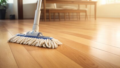 Cleaning the floor with a mob and cleaning foam. cleaning equipment on a parquet floor. Copy space for text, advertising, message, logo
