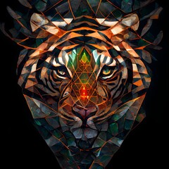 arrowhead bengal tigerhead glass logo geometric symmetrical zentangle tessellations sunlight shines through the glass cosmic space background dynamic lighting green orange black white bright color 