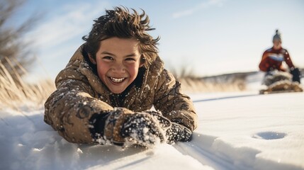 portrait of laughing child sliding down the snow - obrazy, fototapety, plakaty