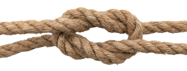 Rope made of jute in loops and knots on a white background. Linen twisted rope isolate
