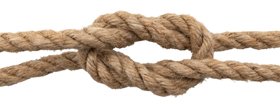 Rope made of jute in loops and knots on a white background. Linen twisted rope isolate