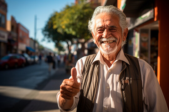 Portrait Of An Elderly Gray Hair Latin American Man Smiling And Giving A Thumb Up To The Camera, While He Is Walking Around The Neighborhood. Copy Space