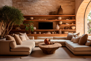 Fototapeta na wymiar Farmhouse interior design of modern living room. Terra cotta sofa against stone cladding wall and tv on it with arched fitted shelf