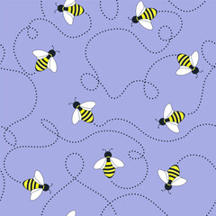 Bees seamless pattern background. Vector cute cartoon yellow honey concept for print on paper, fabric, wallpaper, cover.