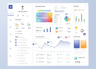 Infographic dashboard. UI design with graphs, charts and diagrams. Web interface template for business presentation