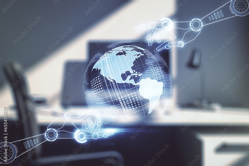 Aufkleber double exposure of robotics technology with world map hologram and modern desktop with laptop on bac