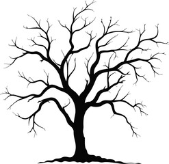 Old dry, bare tree. Black silhouette. Sketch hand drawn. Isolated on white background