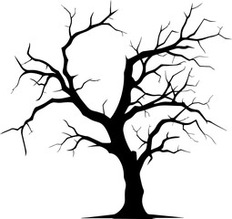 Old dry, bare tree. Black silhouette. Sketch hand drawn. Isolated on white background
