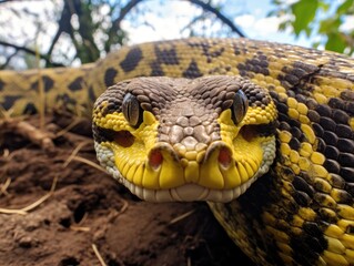 Fototapeta premium Close-up of a snake's head curled up and looking at the camera. A reptilian animal. Nature background. Illustration for cover, card, postcard, interior design, banner, poster, brochure or presentation