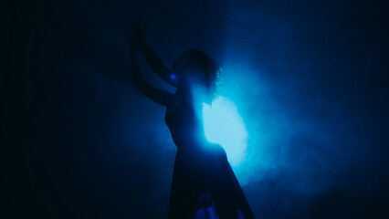 Body performance. Silhouette choreography. Passionate emotional beautiful woman dancing in blue steam spot light on dark background copy space. - obrazy, fototapety, plakaty