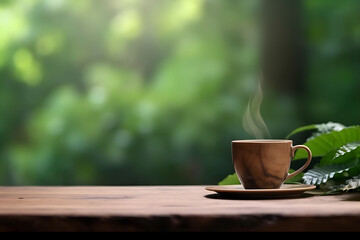 Cup of coffee on wooden table, space for text. Background with nature out of focus - obrazy, fototapety, plakaty