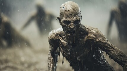 The zombies are running across the field. The world after the apocalypse.