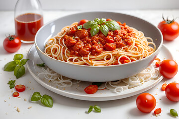 Testy and delicious Plate of Spaghetti with Tomato Sauce on a White Background. Generative AI.