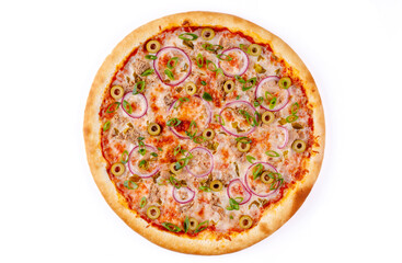 chicken pizza on white background, food photography, studio photography 2
