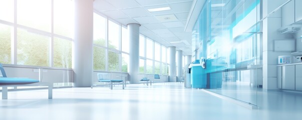 Nice modern interior of new luxury hospital, bright colors, banner panorama.  Generative Ai.