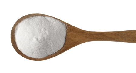 Sodium carbonate in wooden spoon, Na2CO3, soda powder isolated on white, top view