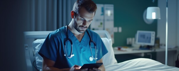 Portrait of handsome men doctor working in modern hospital, banner panorama. Generative Ai.