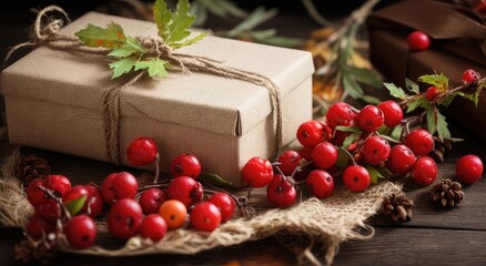 Fototapeta na wymiar Holiday gift. Greetings. Autumn berries on a gift box with a rural backdrop. eco-friendly gift packaging. decorative composition of autumn leaves