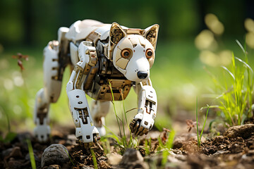 A robot dog moves across a field during the daytime