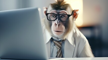 Anthropomorphic monkey with glasses working concentrating at a laptop in an office. Human characters through animals. The animal is looking attentively at the monitor. Design for banner, brochure, ad. - obrazy, fototapety, plakaty