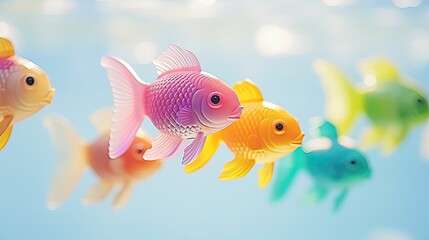 Fototapeta premium Tropical fish swimming in an aquarium. Plastic toys for children's play in the bathroom. Underwater world with selective focus. Illustration for brochure, poster, presentation, flyer or banner.