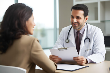 Fototapeta premium A doctor communicates with a patient in his office while sitting at his desk.