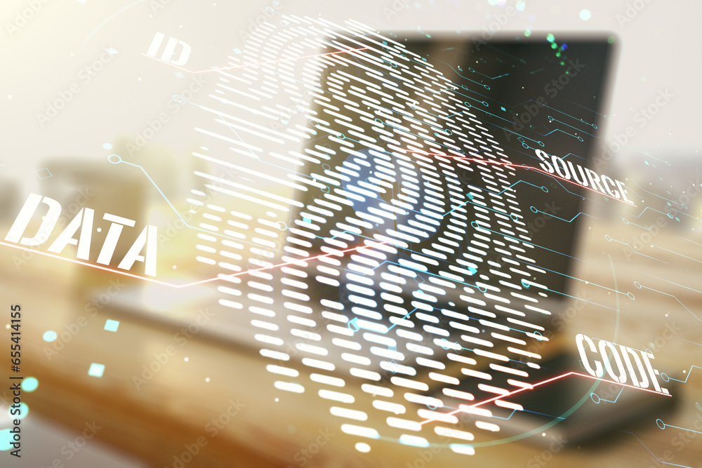 Aufkleber Multi exposure of abstract creative fingerprint illustration and modern desktop with computer on background, digital access concept