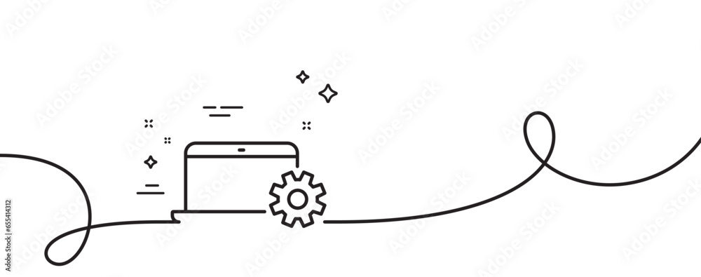 Poster laptop computer icon. continuous one line with curl. notebook service sign. portable personal comput
