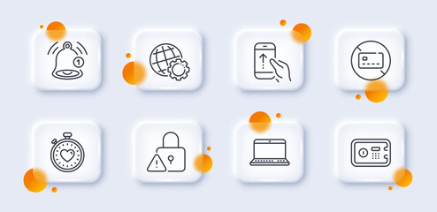 Safe box, Heartbeat timer and Notebook line icons pack. 3d glass buttons with blurred circles. Reminder, Swipe up, Globe web icon. No card, Lock pictogram. For web app, printing. Vector