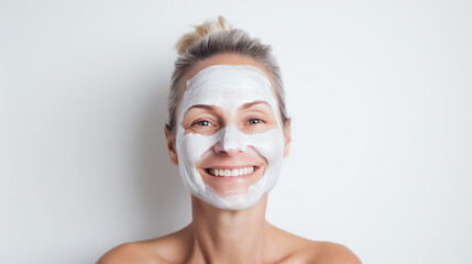 mature woman with a facial treatment, white natural mask,   anti-aging lotion for skin lifting isolated on a white background 