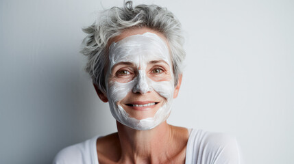 mature woman with white hair wearing a white anti-aging lotion mask on her face on a white background  - obrazy, fototapety, plakaty