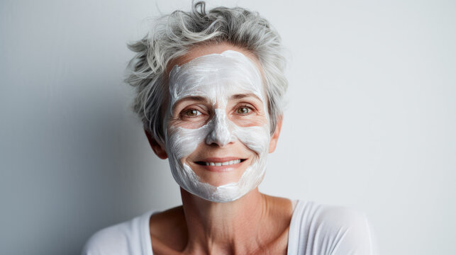 mature woman with white hair wearing a white anti-aging lotion mask on her face on a white background 