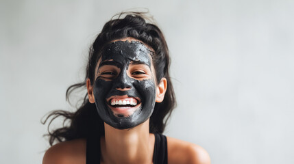 woman wearing a black charcoal mask for natural facial care in morning skin care routine, woman with brown hair and a beaming smile, cosmetic add banner on a white background  - obrazy, fototapety, plakaty