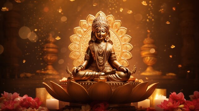Gold statue of Goddess of wealth Lakshmi sitting cross cross in gold colors
