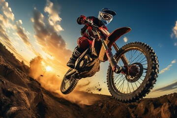 Dirt bike stunt in air, sunset wide angle in dirt track - obrazy, fototapety, plakaty