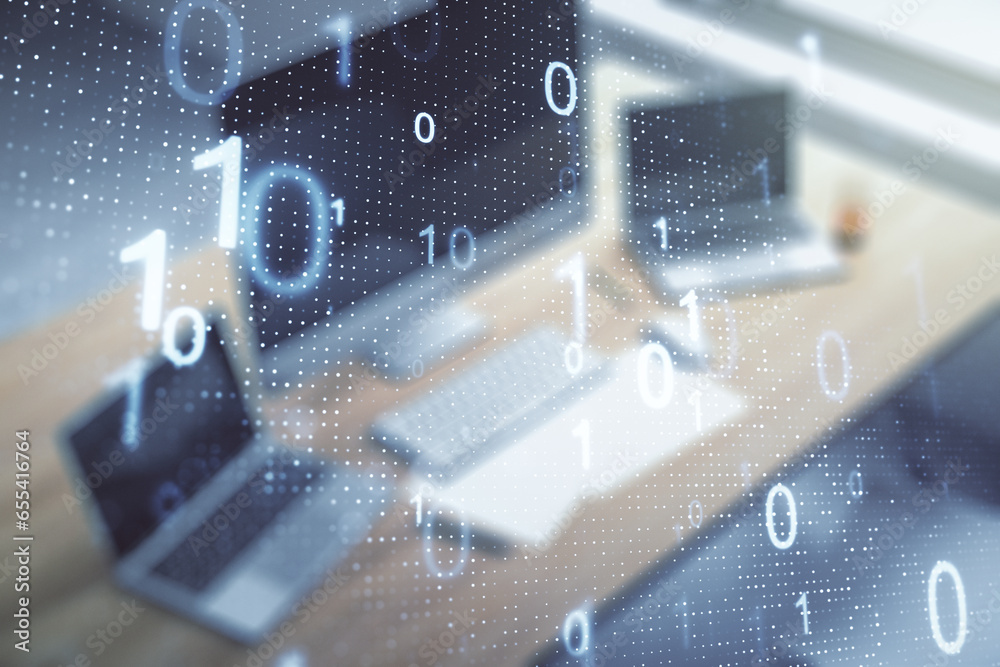 Fototapete double exposure of creative abstract binary code hologram and modern desktop with laptop on backgrou