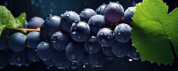 Fresh ripe blue grape, healthy bio fruit food gardening panorama banner. Generative Ai