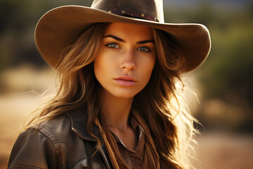 Young cowgirl woman in cowboy hat looking confidently at camera - obrazy, fototapety, plakaty