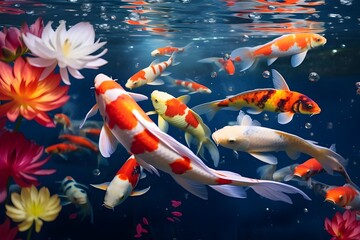 A ballet of colorful koi fish gliding gracefully in a peaceful pond.