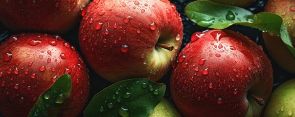 Fresh ripe red apples, healthy bio fruit food gardening concept banner panorama. Generative Ai