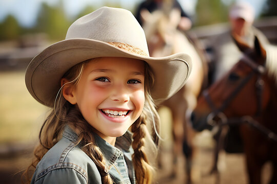 A cowgirl child in a light cowboy hat poses against the backdrop of grazing horses. The girl looks at the camera and smiles