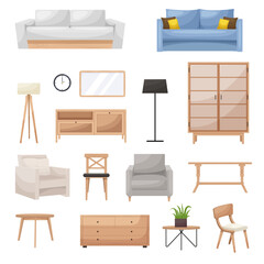 Furniture set. Collection of interior items for a cozy isolated interior. Designer trendy furniture. Vector illustration of living room furniture in mid century modern style.