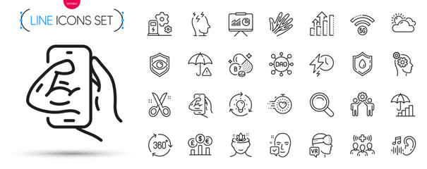 Pack of Stress, Currency rate and Presentation line icons. Include Eye detect, Timer, Inflation pictogram icons. Medical staff, Biotin vitamin, Scissors signs. Blood donation, Search. Vector