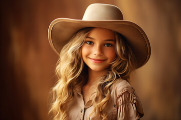 Cowgirl child in cowboy hat posing on brown background, smiling and looking at camera
