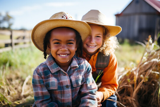 African American and European cowgirls in cowboy hats looking at the camera and smiling