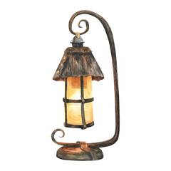 Vintage copper Watercolor Burning Betty Lamp isolated on white background hand drawn illustration. Woodland camping old lantern. Stickers, print, design.