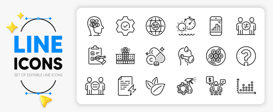 Tanning time, Vitamin c and Power certificate line icons set for app include Discrimination, Checklist, Teamwork outline thin icon. Coronavirus spray, Graph phone, Dot plot pictogram icon. Vector