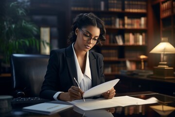 young black lawyer woman doing some paperwork in her office - obrazy, fototapety, plakaty