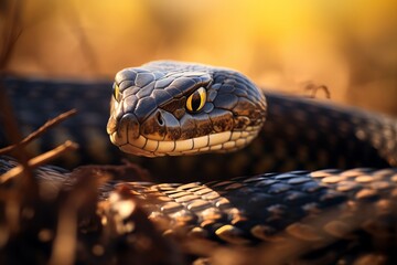 Fototapeta premium close up shot of a black viper snake in the ground