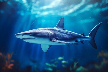 Fototapeta premium blue shark swimming underwater in the sea water